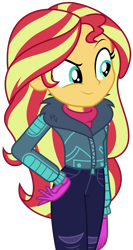 Size: 1547x2906 | Tagged: safe, artist:sketchmcreations, imported from derpibooru, sunset shimmer, equestria girls, equestria girls series, holidays unwrapped, spoiler:eqg series (season 2), clothes, coat, determined, female, gloves, hand on hip, raised eyebrow, saving pinkie's pie, simple background, smiling, solo, transparent background, vector, winter outfit