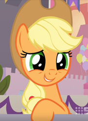 Size: 530x732 | Tagged: safe, imported from derpibooru, screencap, applejack, earth pony, pony, memories and more, spoiler:memories and more, cropped, cute, jackabetes, smiling, solo