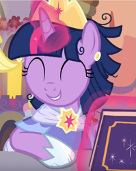 Size: 577x724 | Tagged: safe, imported from derpibooru, screencap, twilight sparkle, alicorn, pony, memories and more, spoiler:memories and more, ^^, clothes, coronation dress, cropped, crown, cute, dress, eyes closed, glowing horn, horn, jewelry, messy mane, regalia, smiling, solo, twiabetes, twilight sparkle (alicorn)