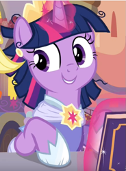 Size: 529x720 | Tagged: safe, imported from derpibooru, screencap, twilight sparkle, alicorn, pony, memories and more, spoiler:memories and more, clothes, coronation dress, cropped, crown, cute, dress, glowing horn, horn, jewelry, regalia, smiling, solo, twiabetes, twilight sparkle (alicorn)