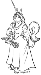 Size: 518x936 | Tagged: safe, artist:hollyann, imported from derpibooru, oc, oc only, anthro, unicorn, bouquet, clothes, dress, flower, flower in hair, horn, leonine tail, lineart, monochrome, simple background, solo, unicorn oc, unshorn fetlocks, white background