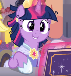 Size: 674x721 | Tagged: safe, imported from derpibooru, screencap, twilight sparkle, alicorn, pony, memories and more, spoiler:memories and more, book, clothes, coronation dress, cropped, crown, cute, dress, glowing horn, horn, jewelry, levitation, magic, regalia, smiling, solo, telekinesis, twiabetes, twilight sparkle (alicorn)