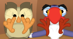 Size: 3566x1890 | Tagged: safe, artist:porygon2z, imported from derpibooru, owlowiscious, bird, owl, crossover, disney, duo, feet, fetish, foot fetish, foot focus, hornbill, looking at you, no exceptions, the lion king, toes, wiggling toes, zazu