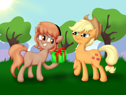 Size: 4032x3024 | Tagged: safe, artist:background basset, derpibooru exclusive, imported from derpibooru, applejack, oc, oc:amber rose (thingpone), oc:thingpone, angry, duo, duo female, female, gift box, gift giving, present