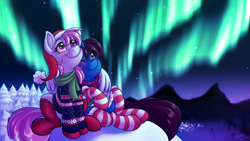 Size: 4000x2250 | Tagged: safe, artist:emithegoat, artist:sugaryviolet, imported from derpibooru, oc, oc only, oc:altus bastion, oc:evening skies, pegasus, unicorn, aurora borealis, blushing, christmas, clothes, commission, duo, duo female, female, giantess, glow, glowing, hat, holiday, horn, hug, macro, macro/micro, mare, night, pegasus oc, santa hat, scarf, smiling, snow, socks, stargazing, stockings, striped socks, sweater, thigh highs, tree, ugly sweater, unicorn oc, winghug, wings, wings down, winter, winter outfit