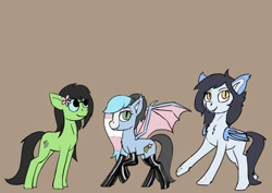 Size: 1200x848 | Tagged: safe, artist:warskunk, imported from derpibooru, oc, oc only, oc:mitzy, oc:prickly pears, oc:starskipper, bat pony, earth pony, bat pony oc, bat wings, clothes, earth pony oc, flower, flower in hair, leggings, rule 63, simple background, wings