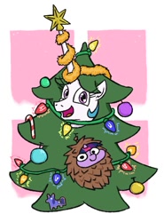 Size: 680x917 | Tagged: safe, artist:jargon scott, imported from derpibooru, princess celestia, princess luna, twilight sparkle, alicorn, pony, unicorn, christmas, christmas lights, christmas tree, cute, cutelestia, duo, female, happy, holiday, looking at you, mare, open mouth, pinecone, smiling, tinsel, tree, twiabetes, twiggie, unicorn twilight