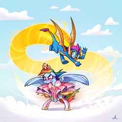 Size: 3000x2998 | Tagged: safe, artist:docwario, imported from derpibooru, rainbow dash, smolder, dragon, pegasus, pony, bipedal, blushing, clothes, clothes swap, cloud, commission, dragoness, dress, duo, embarrassed, female, flying, goggles, high res, jewelry, mare, non-pegasus wonderbolt, pink dress, princess rainbow dash, rainbow dash always dresses in style, scrunchy face, skirt, skirt flip, skirt lift, sky background, smolder the wonderbolt, spread wings, tiara, tomboy taming, uniform, windswept mane, windy, wings, wonderbolts uniform