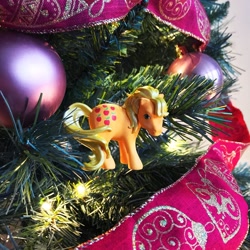 Size: 1080x1080 | Tagged: safe, imported from derpibooru, applejack (g1), earth pony, pony, christmas, christmas ornament, christmas tree, decoration, holiday, instagram, official, solo, tree