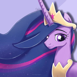 Size: 1024x1024 | Tagged: safe, artist:nnaly, imported from derpibooru, twilight sparkle, alicorn, pony, the last problem, crown, ethereal mane, female, jewelry, mare, older, older twilight, peytral, princess twilight 2.0, regalia, signature, smiling, solo, twilight sparkle (alicorn)