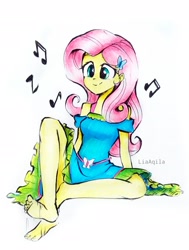 Size: 1574x2079 | Tagged: safe, artist:liaaqila, imported from derpibooru, fluttershy, equestria girls, barefoot, cute, feet, fetish, foot fetish, foot tapping, music notes, shyabetes, sitting, solo, tapping, traditional art