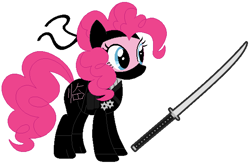 Size: 619x407 | Tagged: safe, artist:hubfanlover678, imported from derpibooru, pinkie pie, pony, ninja, simple background, solo, sword, transparent background, weapon