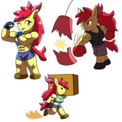 Size: 1100x1100 | Tagged: safe, artist:metadoodles, imported from derpibooru, apple bloom, anthro, earth pony, :p, ;p, abs, apple brawn, box, boxing, boxing gloves, chibi, clothes, commission, female, fingerless gloves, flexing, gloves, midriff, muscles, muscular female, older, older apple bloom, one eye closed, package, punching bag, running, shorts, simple background, sports, sports bra, tongue out, transparent background, wink