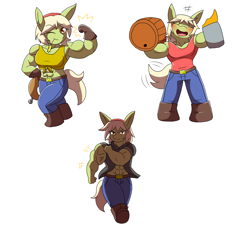 Size: 2000x1900 | Tagged: safe, artist:metadoodles, imported from derpibooru, granny smith, anthro, abs, bicep, blushing, boots, chibi, cider, clothes, commission, female, flexing, gloves, granny smash, jeans, mare, muscles, muscular female, one eye closed, pants, shoes, smiling, sports bra, vein, vein bulge, wink, young granny smith, younger