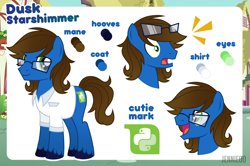 Size: 1200x798 | Tagged: safe, artist:jennieoo, imported from derpibooru, oc, oc only, oc:dusk starshimmer, earth pony, pony, clothes, cutie mark, glasses, glasses off, happy, male, reference, reference sheet, sheet, shirt, shocked, shocked expression, show accurate, smiling, solo, stallion