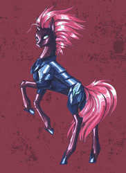 Size: 1024x1407 | Tagged: safe, artist:just-rat, imported from derpibooru, tempest shadow, pony, unicorn, armor, broken horn, eye scar, female, horn, mare, rearing, red background, scar, signature, simple background, solo, traditional art