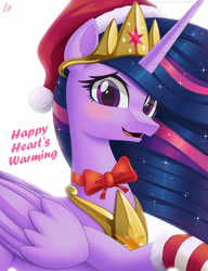 Size: 2500x3250 | Tagged: safe, artist:pyropk, imported from derpibooru, twilight sparkle, alicorn, pony, the last problem, bow, christmas, clothes, crown, ethereal mane, female, folded wings, hat, hearth's warming eve, holiday, jewelry, mare, misspelling, nervous, older, older twilight, open mouth, peytral, princess twilight 2.0, regalia, santa hat, socks, solo, starry mane, striped socks, twilight sparkle (alicorn), wings