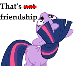 Size: 617x544 | Tagged: artist needed, safe, edit, imported from derpibooru, twilight sparkle, pony, unicorn, the crystal empire, caption, female, friendship, image macro, inverse, juxtaposition bait, looking up, mare, meme, reaction image, reversed, simple background, solo, text, that's not friendship, unicorn twilight, upside down, white background