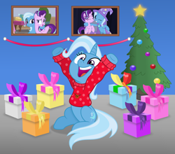 Size: 6759x5958 | Tagged: safe, artist:anime-equestria, imported from derpibooru, starlight glimmer, trixie, pony, unicorn, christmas, christmas sweater, christmas tree, clothes, cute, decoration, diatrixes, female, happy, holiday, jumper, picture frame, present, sitting, solo, sweater, tree