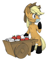 Size: 1000x1266 | Tagged: artist needed, source needed, safe, applejack, earth pony, pony, apple, bipedal, cart, clothes, coronavirus, covid-19, female, food, gloves, hat, mare, mask, simple background, solo, surgical mask, sweat, sweatdrop, toilet paper, wide eyes