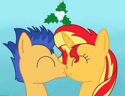 Size: 3936x3016 | Tagged: safe, artist:rainbowšpekgs, imported from derpibooru, flash sentry, sunset shimmer, pony, unicorn, female, flashimmer, kissing, male, mistletoe, request, shipping, straight
