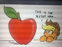 Size: 2048x1536 | Tagged: safe, artist:anearbyanimal, imported from ponybooru, applejack, earth pony, pony, apple, dialogue, female, food, mare, photo of computer screen, solo, wide eyes, yeehaw