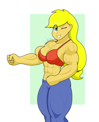 Size: 1623x1985 | Tagged: safe, artist:matchstickman, imported from derpibooru, applejack, equestria girls, abs, applebucking thighs, applejacked, biceps, bra, breasts, busty applejack, clothes, commission, deltoids, female, flexing, looking at you, muscles, one eye closed, pants, pecs, simple background, solo, thighs, thunder thighs, underwear, vein, white background, wink, winking at you