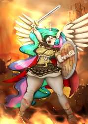 Size: 2914x4096 | Tagged: safe, artist:tatemil, imported from derpibooru, princess celestia, alicorn, anthro, plantigrade anthro, afterbattle, angry celestia, armor, cape, clothes, fantasy class, female, fire, roman, shield, sol invictus, solo, solo female, spread wings, sword, warcry, warrior, warrior celestia, weapon