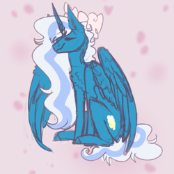 Size: 999x999 | Tagged: safe, artist:hahabinger, imported from derpibooru, oc, oc:fleurbelle, alicorn, alicorn oc, bow, chest fluff, ear fluff, eyes closed, female, hair bow, horn, mare, sitting, wings