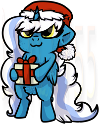 Size: 400x500 | Tagged: safe, artist:leyley55, imported from derpibooru, oc, oc:fleurbelle, alicorn, pony, adorabelle, alicorn oc, christmas, cute, female, hat, holiday, horn, mare, ocbetes, present, santa hat, simple background, transparent background, wings, yellow eyes