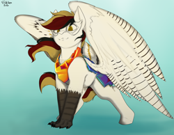 Size: 4023x3124 | Tagged: safe, artist:flashnoteart, imported from derpibooru, oc, oc only, oc:silent flight, hippogriff, armor, bismuth, bismuth armor, colored, male, solo, wings
