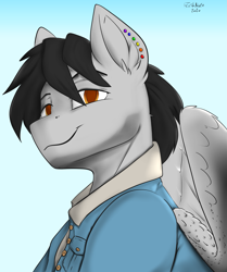 Size: 1951x2333 | Tagged: safe, artist:flashnoteart, imported from derpibooru, oc, oc:steamworks, pegasus, bust, clothes, colored, commission, jacket, male, piercing, portrait, wings
