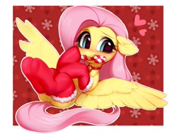 Size: 1732x1308 | Tagged: safe, artist:vensual99, imported from derpibooru, fluttershy, pegasus, pony, bell, bell collar, blushing, candy, candy cane, christmas, christmas stocking, clothes, collar, cute, daaaaaaaaaaaw, dawwww, female, floppy ears, food, heart, hnnng, holiday, mare, shyabetes, smiling, socks, solo, weapons-grade cute