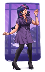 Size: 1500x2400 | Tagged: safe, artist:king-kakapo, imported from derpibooru, twilight sparkle, human, bracelet, clothes, humanized, jewelry, necklace, one eye closed, shoes, socks, solo, stockings, thigh highs