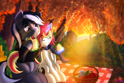 Size: 4500x3000 | Tagged: safe, artist:derpx1, imported from derpibooru, oc, oc only, oc:kenn, oc:lazy sunday, skunk, skunk pony, autumn, basket, commission, eyes closed, food, forest, magic, magic aura, picnic, picnic basket, picnic blanket, sandwich, tree