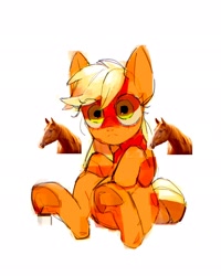 Size: 1638x2048 | Tagged: safe, artist:poneko-chan, imported from derpibooru, applejack, earth pony, horse, pony, female, mare, missing accessory, simple background, sitting, solo