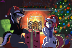 Size: 4500x3000 | Tagged: safe, artist:derpx1, imported from derpibooru, oc, oc only, oc:kenn, oc:lazy sunday, skunk, skunk pony, chimney, christmas, christmas gift, christmas lights, christmas tree, clapping, commission, fire, fireplace, hat, holiday, present, santa hat, smiling, tree