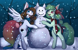 Size: 1280x828 | Tagged: safe, artist:mscolorsplash, imported from derpibooru, oc, oc only, oc:color splash, oc:ribbon wreath, earth pony, pegasus, pony, bipedal, bipedal leaning, bow, clothes, duo, earmuffs, female, leaning, mare, scarf, snow, snowfall, snowman, snowpony, tail bow