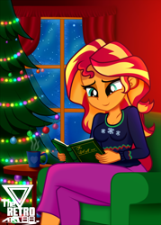 Size: 1800x2520 | Tagged: safe, artist:theretroart88, imported from derpibooru, sunset shimmer, equestria girls, book, breasts, chocolate, christmas, christmas ball, christmas lights, christmas tree, cleavage, clothes, cute, food, holiday, hot chocolate, pajamas, reading, shimmerbetes, snow, snowfall, solo, tree, window