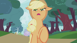 Size: 1920x1080 | Tagged: safe, imported from derpibooru, screencap, applejack, earth pony, pony, applebuck season, season 1, boost, condemned land, day, female, funny face, grumpy, looking at you, mare, me+you=nightmare, open mouth, raised leg, singular, solo, uh oh, vulgar description