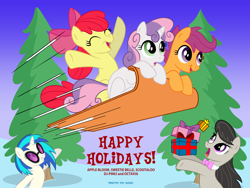 Size: 1024x768 | Tagged: safe, artist:tim-kangaroo, imported from derpibooru, apple bloom, dj pon-3, octavia melody, scootaloo, sweetie belle, vinyl scratch, earth pony, pegasus, pony, unicorn, airborne, apple bloom's bow, bipedal, bow, christmas card, cutie mark crusaders, female, filly, foal, hair bow, hearth's warming eve, hoof hold, mare, open mouth, open smile, present, sled, smiling, snow, text, tree