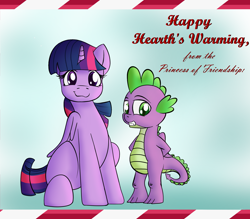 Size: 1600x1400 | Tagged: safe, artist:fig, imported from derpibooru, spike, twilight sparkle, alicorn, dragon, pony, christmas, christmas card, cute, duo, female, folded wings, hearth's warming, holiday, looking at you, male, mare, smiling, text, twilight sparkle (alicorn), wings