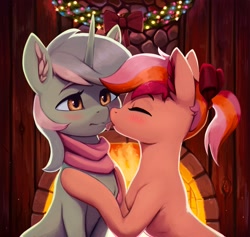 Size: 3000x2847 | Tagged: safe, artist:mrscroup, imported from derpibooru, lyra heartstrings, oc, earth pony, pony, unicorn, blushing, canon x oc, clothes, commission, female, fire, fireplace, lesbian, licking, scarf, shipping, tongue out, wreath, ych result