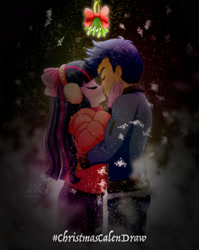 Size: 1600x2006 | Tagged: safe, artist:jotakaanimation, imported from derpibooru, flash sentry, twilight sparkle, human, equestria girls, 2020, christmas, couple, duo, female, flashlight, holiday, holly, kiss on the lips, kissing, male, mistletoe, romantic, shipping, snow, straight
