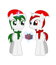 Size: 1520x1780 | Tagged: safe, artist:strategypony, imported from derpibooru, oc, oc only, oc:reno, oc:ruby, pony, unicorn, christmas, clothes, female, hat, holiday, looking at each other, magic, present, santa hat, scarf, siblings, simple background, sisters, telekinesis, transparent background