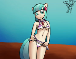 Size: 1280x989 | Tagged: safe, artist:warskunk, imported from derpibooru, coco pommel, anthro, earth pony, belly button, bikini, breasts, busty coco pommel, cleavage, clothes, female, legs together, skirt, skirt lift, solo, solo female, swimsuit