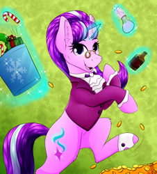 Size: 2264x2500 | Tagged: safe, artist:monsoonvisionz, imported from derpibooru, snowfall frost, starlight glimmer, pony, unicorn, bottle, candy, candy cane, christmas, clothes, coin, female, food, glasses, hearth's warming, holiday, looking at you, mare, present, smiling, solo