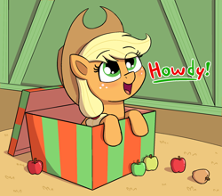 Size: 1756x1548 | Tagged: safe, artist:heretichesh, imported from derpibooru, applejack, earth pony, pony, apple, applejack's hat, barn, blushing, box, christmas, cowboy hat, cute, dialogue, female, food, freckles, happy, hat, hay, holiday, howdies in the comments, howdy, jackabetes, leaning, looking at you, looking up, mare, open mouth, pony in a box, present, smiling, solo, text