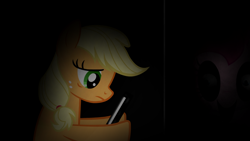 Size: 1920x1080 | Tagged: safe, artist:horses are fuckin weird, imported from derpibooru, applejack, pinkie pie, earth pony, pony, creepy, five nights at freddy's, five nights at pinkie's, hoof hold, night guard, nightmare fuel, scared, tablet, tired, when you see it