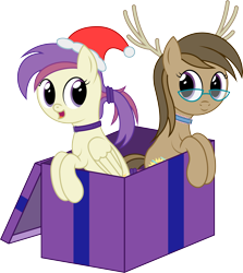 Size: 3528x3964 | Tagged: safe, artist:joey, imported from derpibooru, oc, oc only, oc:dawnsong, oc:evensong, earth pony, pegasus, pony, antlers, box, christmas, collar, earth pony oc, female, gift box, glasses, hat, high res, holiday, looking at you, open mouth, open smile, pegasus oc, pony in a box, ponytail, present, reindeer antlers, santa hat, siblings, simple background, sisters, smiling, smiling at you, transparent background, vector